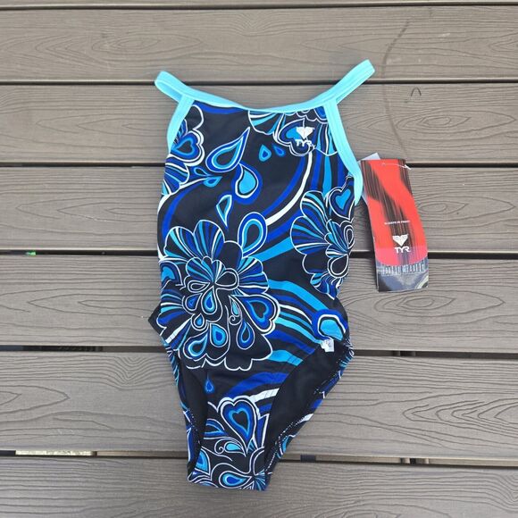 TYR Durafast Happy Flower Blue Floral DiamondFit 1 Pc Swimsuit Girls Sz 22 NEW - Picture 1 of 3